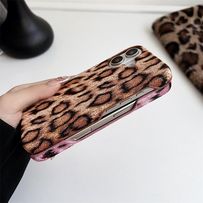 Sexigt läder leopardtryck halvskal för iPhone 16 Pro Max 15 14 Plus 13 12 Pro 11 fallskyddsskydd
