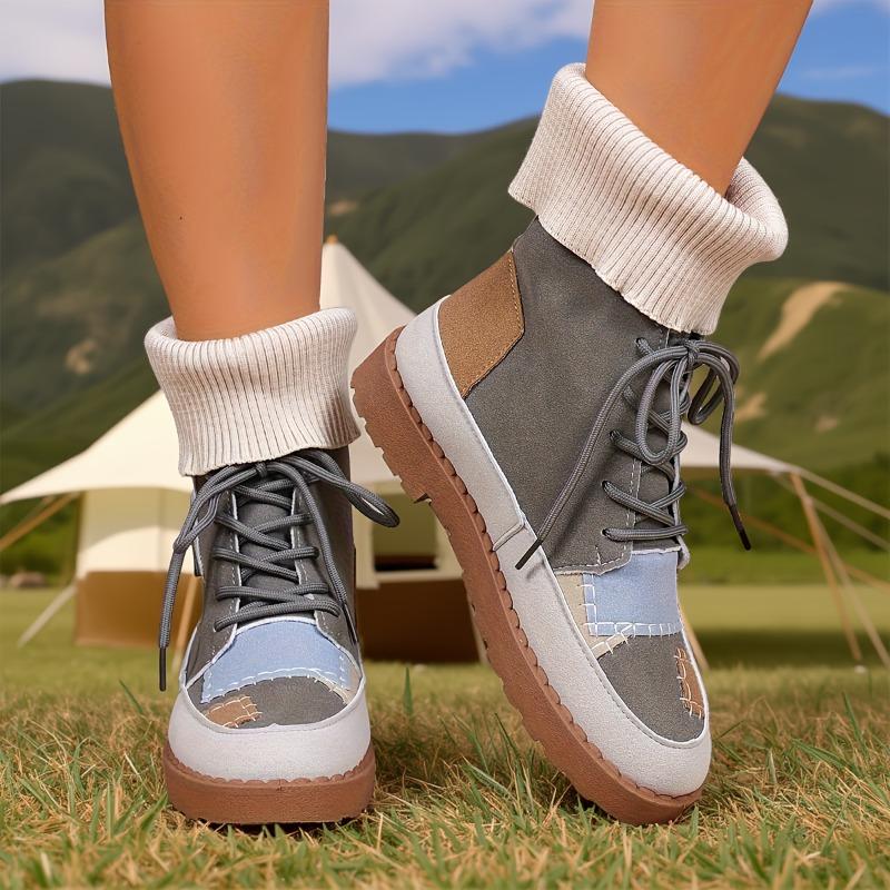 Beige & Blau Karierte Klobige Niedrige Absatz Schnürstiefeletten - Runde Zehenpartie Lässig Winter mit Sohle & Obermaterial aus Stoff