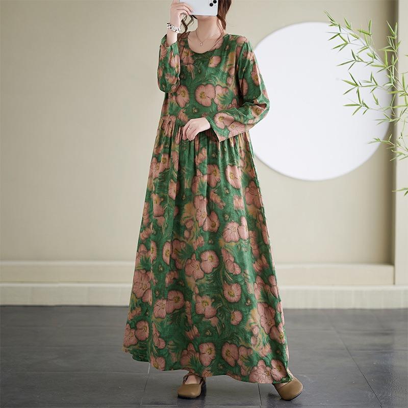 Dress A Variety of Color Holiday Style Travel Round Neck Vintage Flesh-covered Cotton Hemp Long Dress