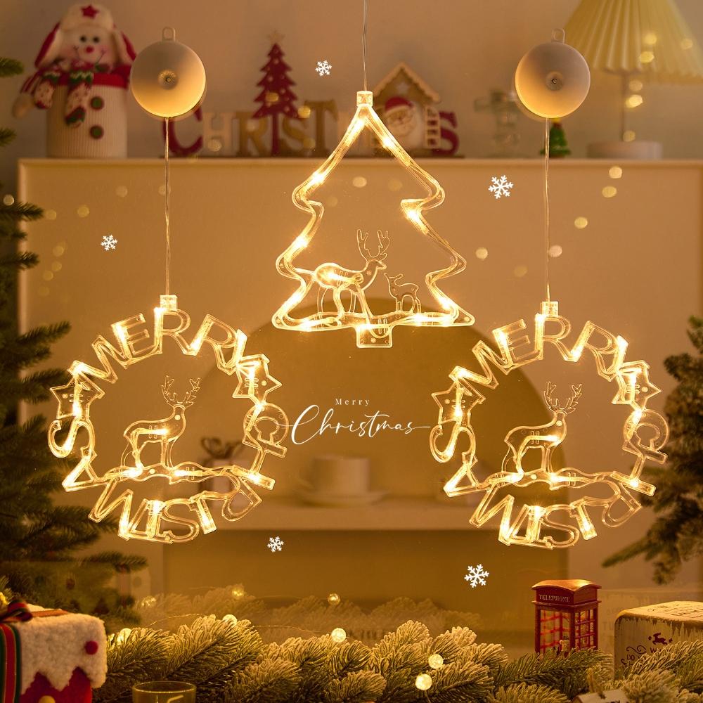 LED Kerst Zuignap Raamlicht, Werkt op Batterijen, Ster Boom Krans Hangdecoratie voor Huis Slaapkamer Winkel