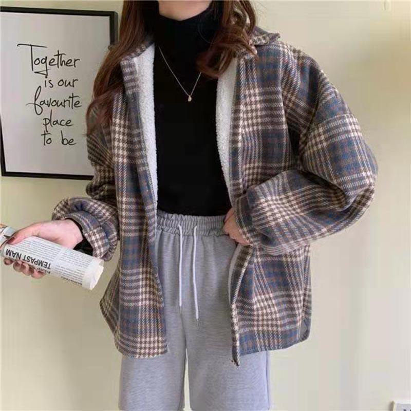 Coat Shirt for Women Thickened Casual Oversize Double Layer Plaid Loose Warm Jacket