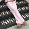 Women Casual Pants Straight Wide Leg Striped Print Long Trousers Adjustable Waist Strap Loose Fit Lounge Pants
