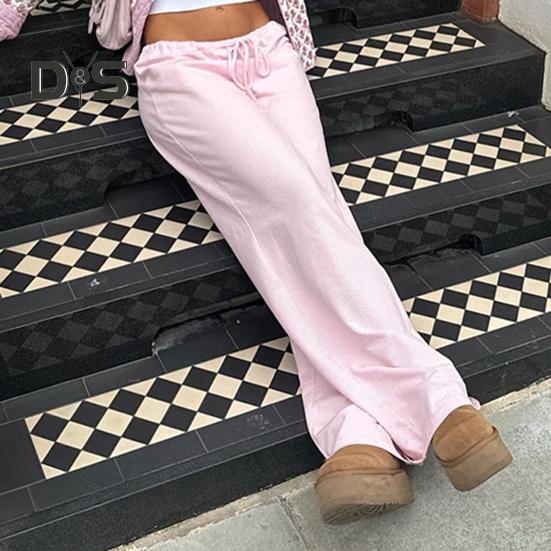 Women Casual Pants Straight Wide Leg Striped Print Long Trousers Adjustable Waist Strap Loose Fit Lounge Pants