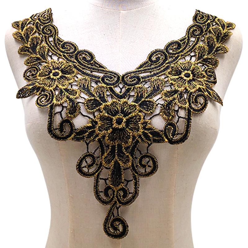 Water-soluble lace collar, heavy industry two-color collar, black and gold embroidered collar, three-dimensional hollow embroidery, gold thread.