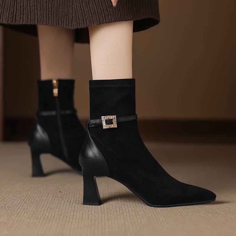 Krazing Pot Flock Pointed Toe Thin High Heels Modern Boots Size 42 Zip Plus Size Crystal Buckle Women Elastic Ankle Boots