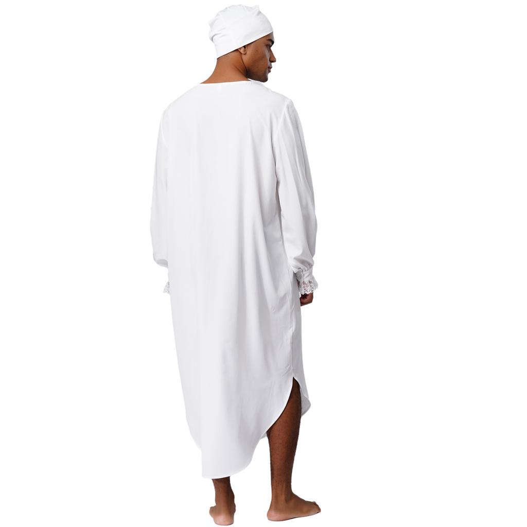 Mens Victorian Night Robe Fancy Dress Costume Long Sleeve Lace Trim Ruffles Collar Halloween Nightgown
