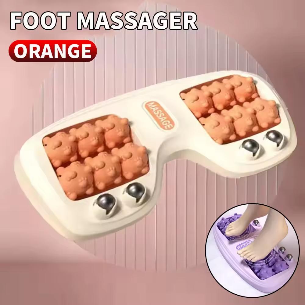 

White and Red Plastic Foot Massager with Orange and Black Rollers for and Relaxation, Home Use Foot and Leg Massage Device