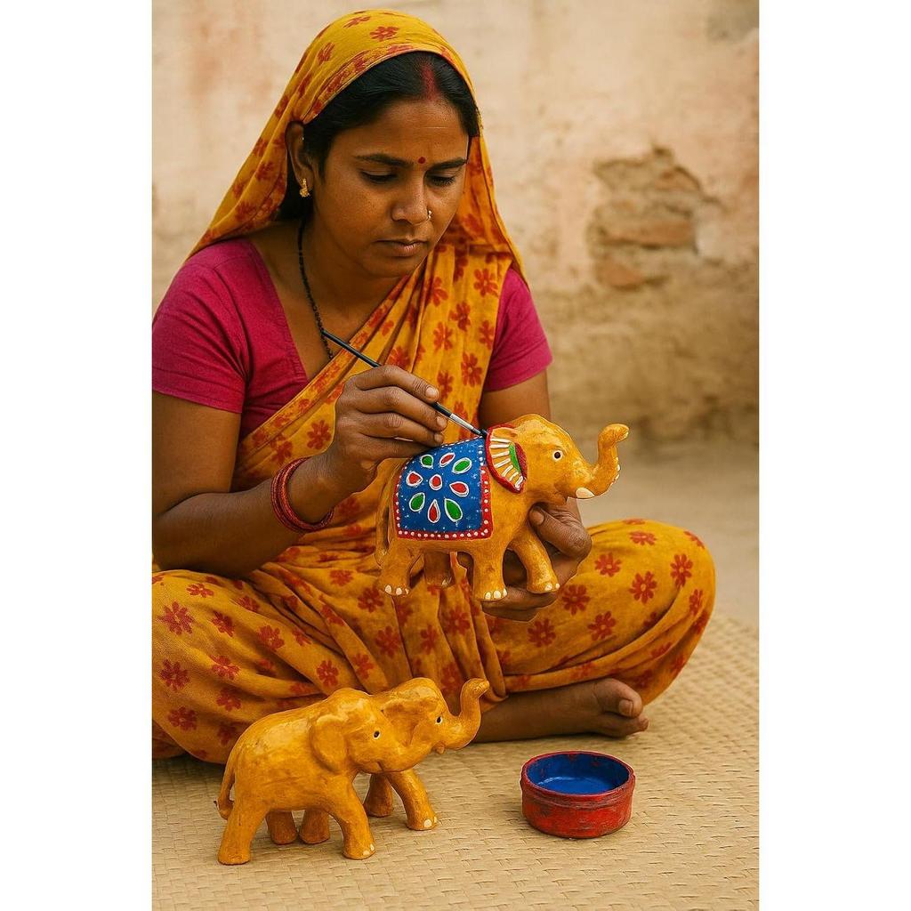 Paper Mache Elephant Showpiece for Enhance Home Decor - Yellow (Set of 3), Traditional, Artistic, Home Decor