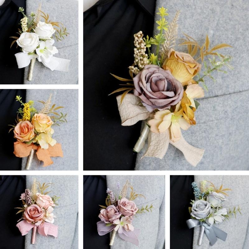 5Pcs Wedding Corsages Boutonniere Prom Boutonniere for Wedding Ceremony Anniversary, Rose Corsages for Bride and Groom,