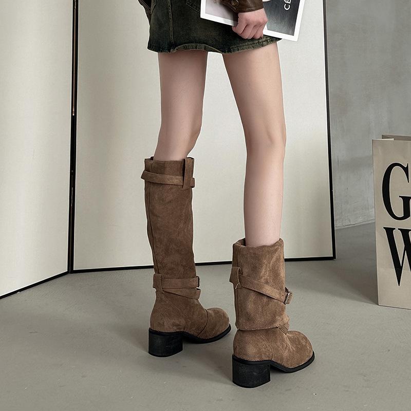 Retro versatile casual stacking boots western cowboy boots summer fashion tall tube two wear suede women thick heel boots