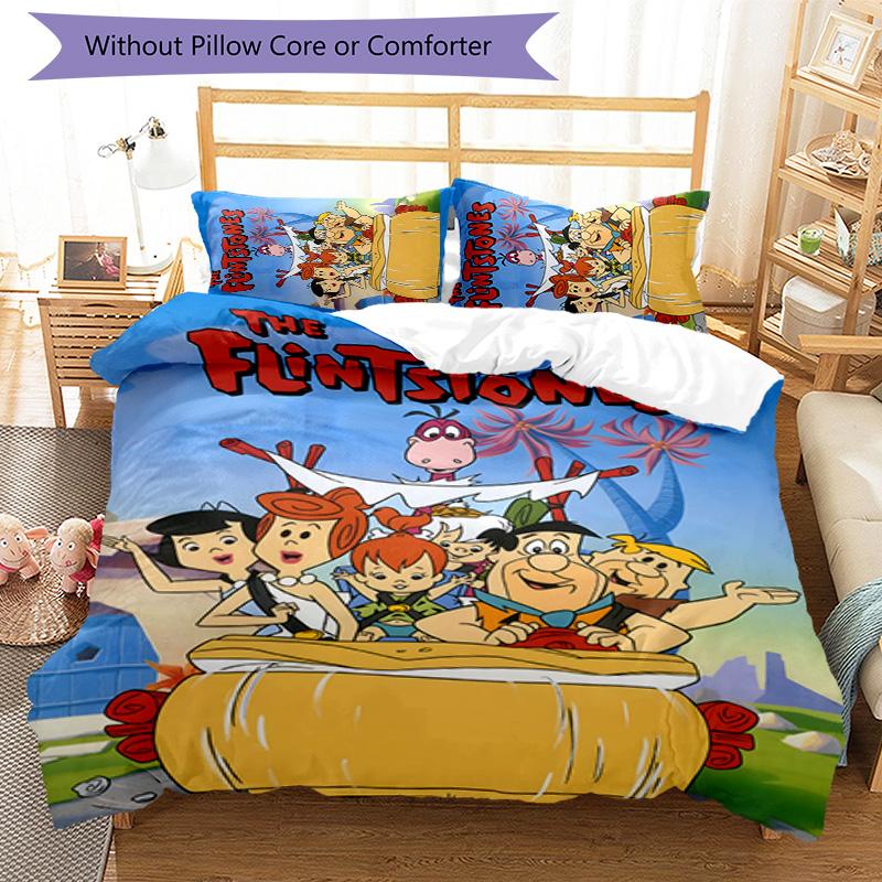 Flintstones 3pcs Bedding Set Duvet Cover Closure Includes 1 Duvet Cover & 2 Pillowcases for All Seasons Bedroom Home Dorm Decor
