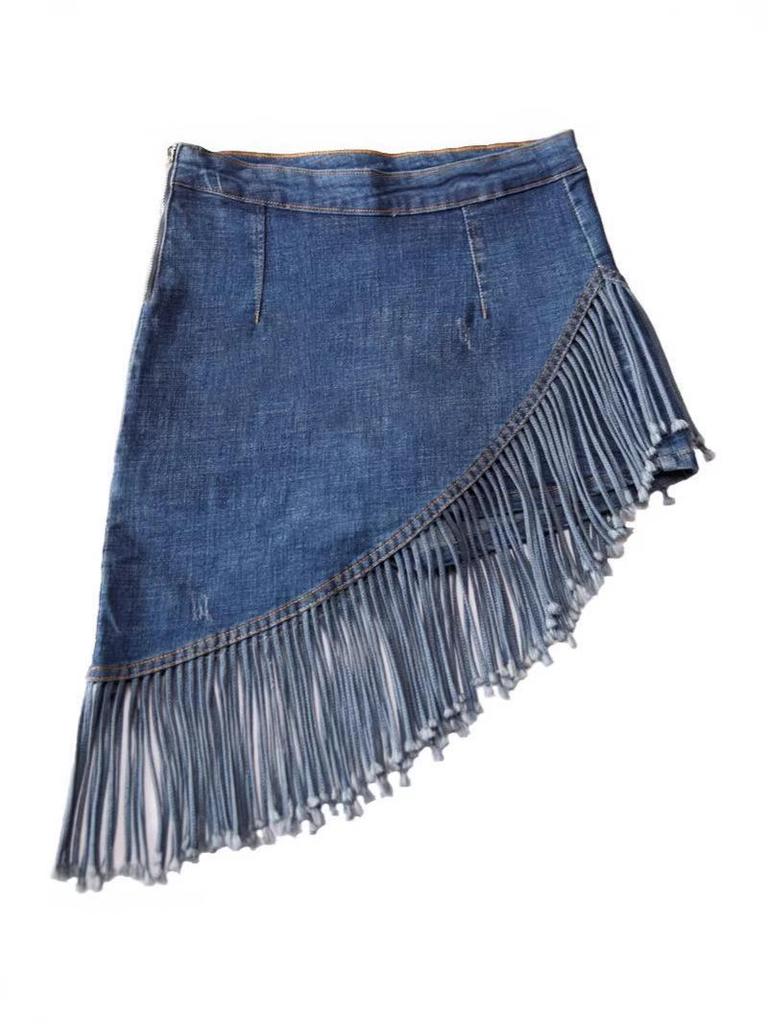 2026 High-Waisted Fringed Denim Midi Bodycon Skirt for Women - Spring/Summer Fake Two-Piece Design