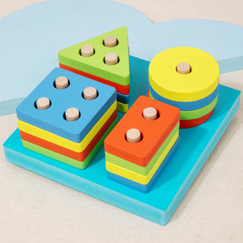 Kids' Wooden Educational Building Blocks: Four-Column Macaron Shape Recognition Set