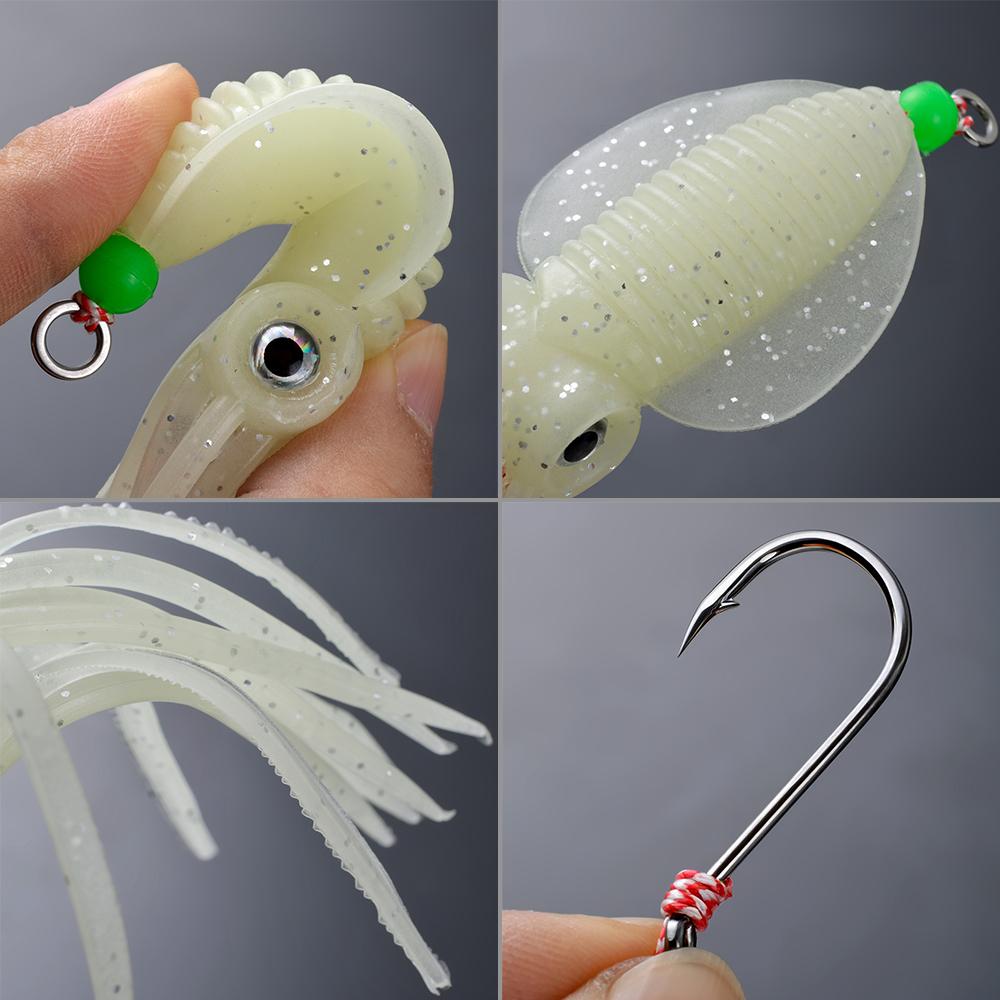 FTK 1/3/5/10pcs Saltwater Squid Lure Set, 5.83inch (approx. 14.8 Cm) Glow-in-the-dark Lure, Includes 2 X 6/0 Hooks with Squid-mimicking Lure