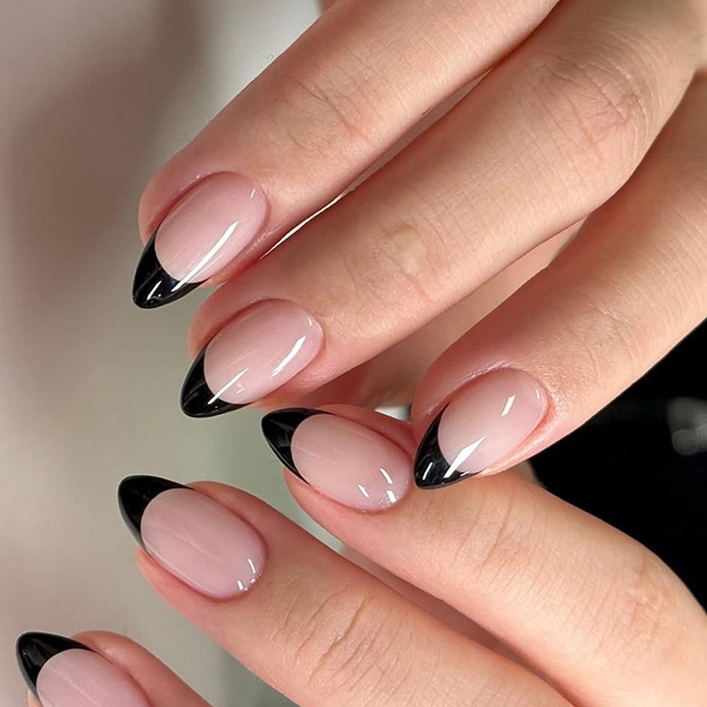 24 Pcs Black French Tip Press On Nail Short Almond False Nail Simple Acrylic Nail Simple Full Cover Stick On Nail