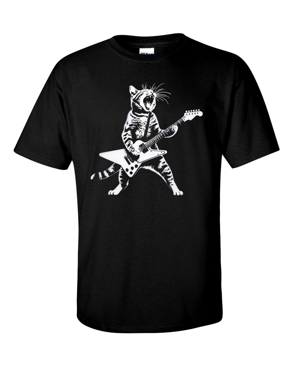 Rock Band Cat Playing Electric Guitar 2 T-Shirt M