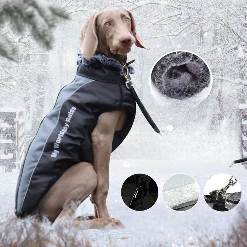 Reflective Warm Large Dog Winter Jacket Windproof Waterproof Fleece Collar Cotton Coat with Leash Hole Pet Outdoor Clothes