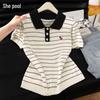 Women's Colorblock Striped Lapel Knit T-Shirt