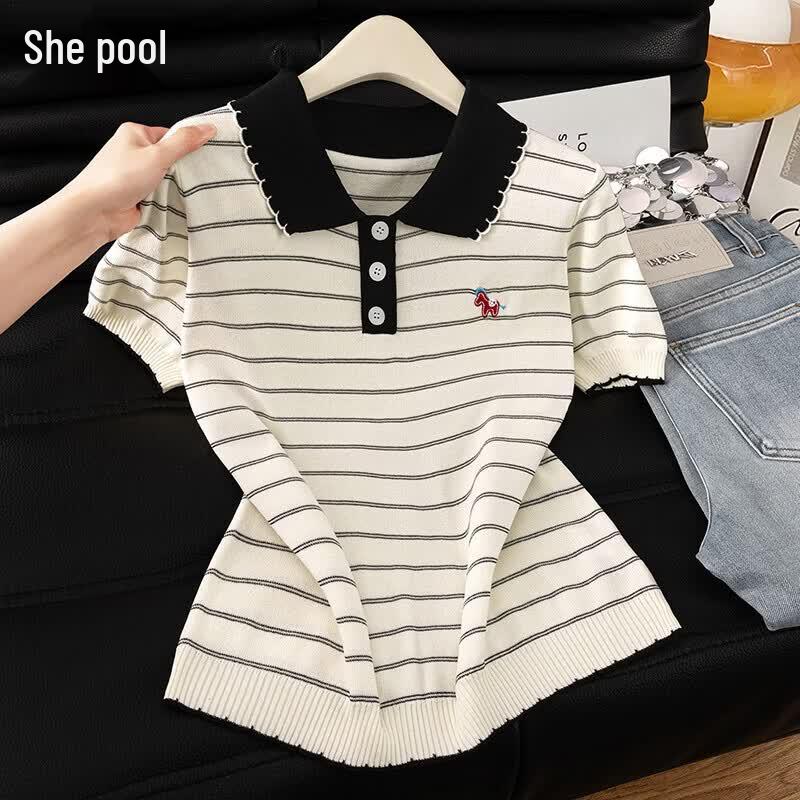 Women s Colorblock Striped Lapel Knit T-Shirt S