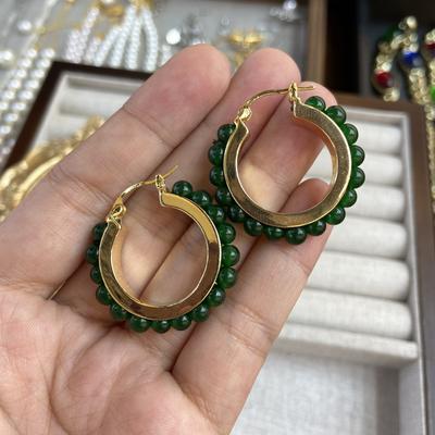 Natural Stone Full Green Earrings Green Beads Round Large Earrings Exquisite Pearl Inlaid Circle