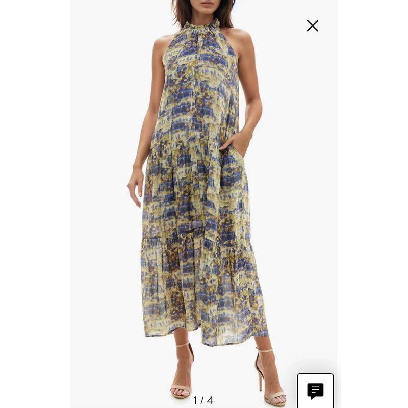 

American Socialite Art Print Back Strap Layered Skirt Sleeveless Hanging Neck Long Dress Yellow and blue abstract Print M