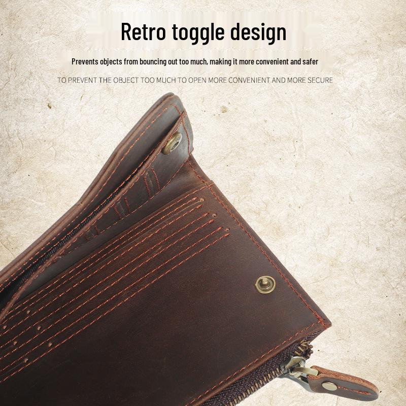 Men's Vintage Crazy Horse Leather Wallet - Long, Multi-Card Slot, Large Capacity, Multi-Function Clutch