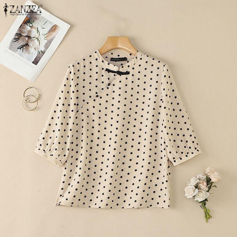 ZANZEA Women Casual Stand Collar Loose Half Sleeve Polka Dot Print Blouse
