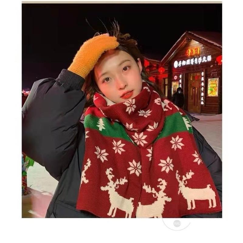 Elk Christmas Scarf for Female Students Korean Version Double Sided Wool Knitted Jacquard Warm Scarf As A Gift