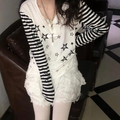 TrendHub Streetwear Long Sleeve T Shirts Harajuku Women Punk Star Print Casual Striped Shirt Japanese Y2k Aesthetic Grunge Tops