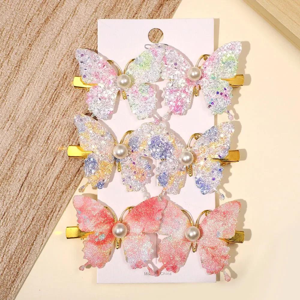 6 Stück/Set Bunte Glitzer Schmetterling Perlen Haarspangen für Frauen Mädchen Süße Haarspangen Haarnadeln Regenbogen Kopfschmuck Haarschmuck