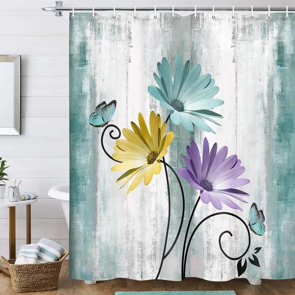 Teal Large Daisy Floral and Butterfly Shower Curtain Turquoise Bathroom Curtain Waterproof Bathroom Decoration With Hooks