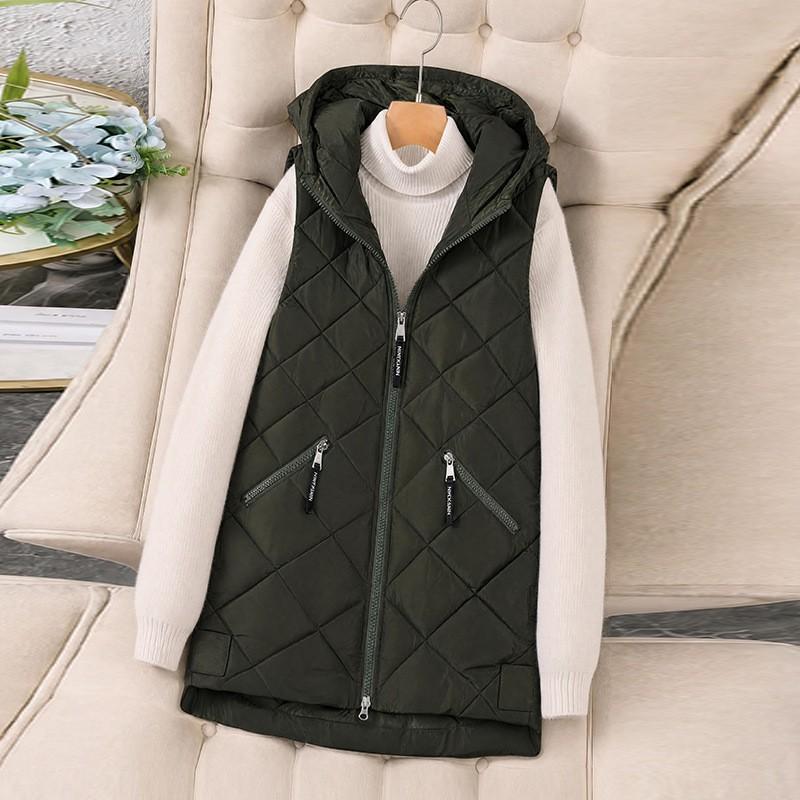 Womens Hooded Quilted Cotton Vest Mid-Length Warm Sleeveless Puffer Waistcoat Streetwear Casual Outerwear