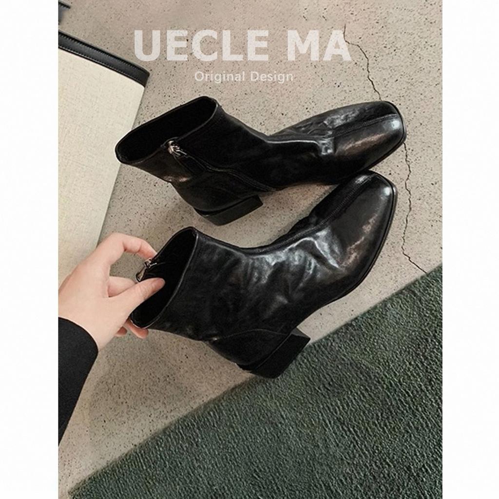 Cowhide~ Short Boots Women's Brown Korean Small Ankle Boots Martin Boots Chelsea Skinny Boots Women's French High Heels Autumn and Winter