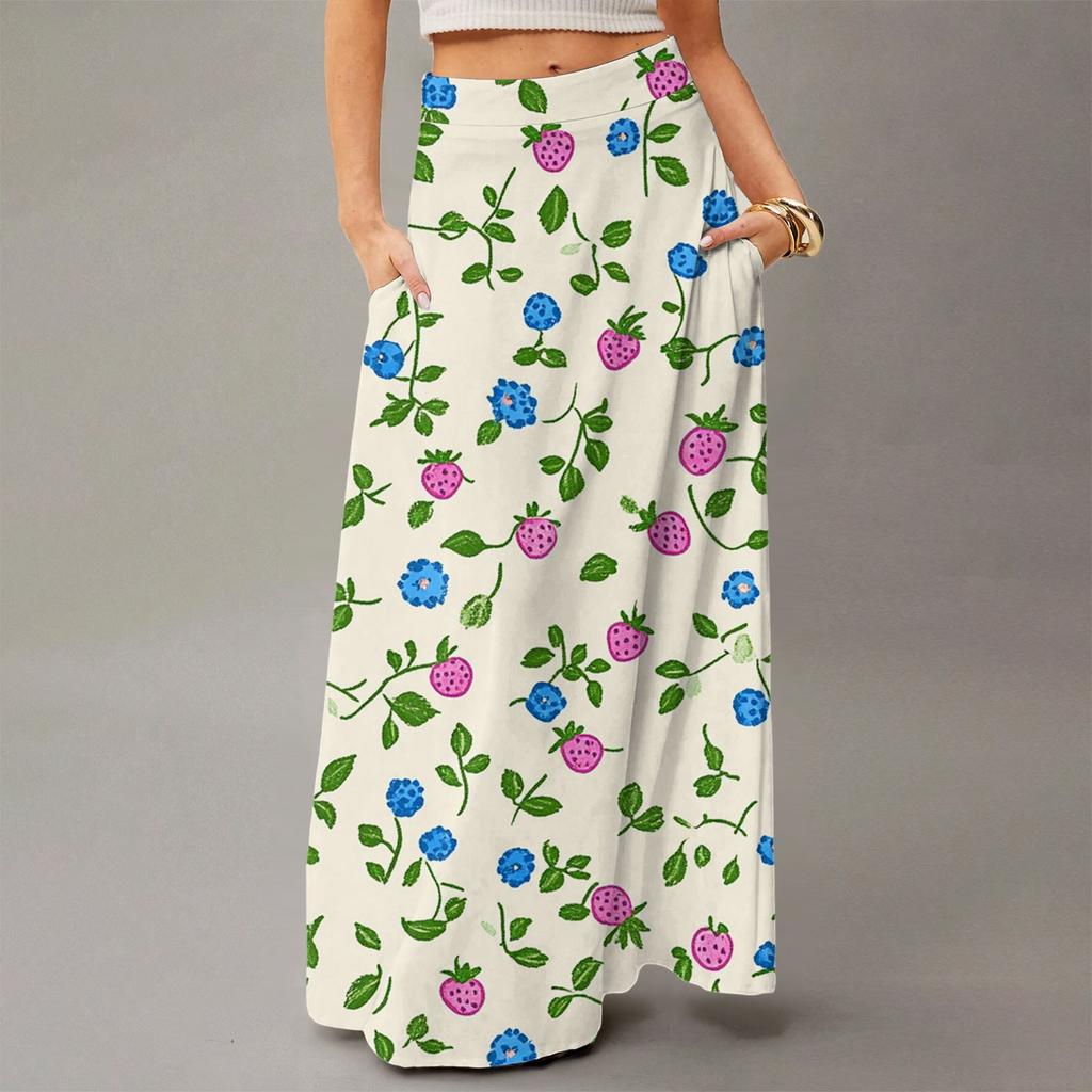 Damen Lässig Freizeit Faltbar Blumenmuster Hohe Taille Mit Tasche Drapierter Entspannter Langer Maxi-Rock