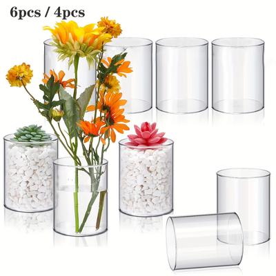 6/4 Peças Vaso Cilíndrico de Plástico Vaso Cilíndrico de Acrílico Pequeno Recipiente Transparente para Flores Castiçal Furacão Recipiente Redondo Largo