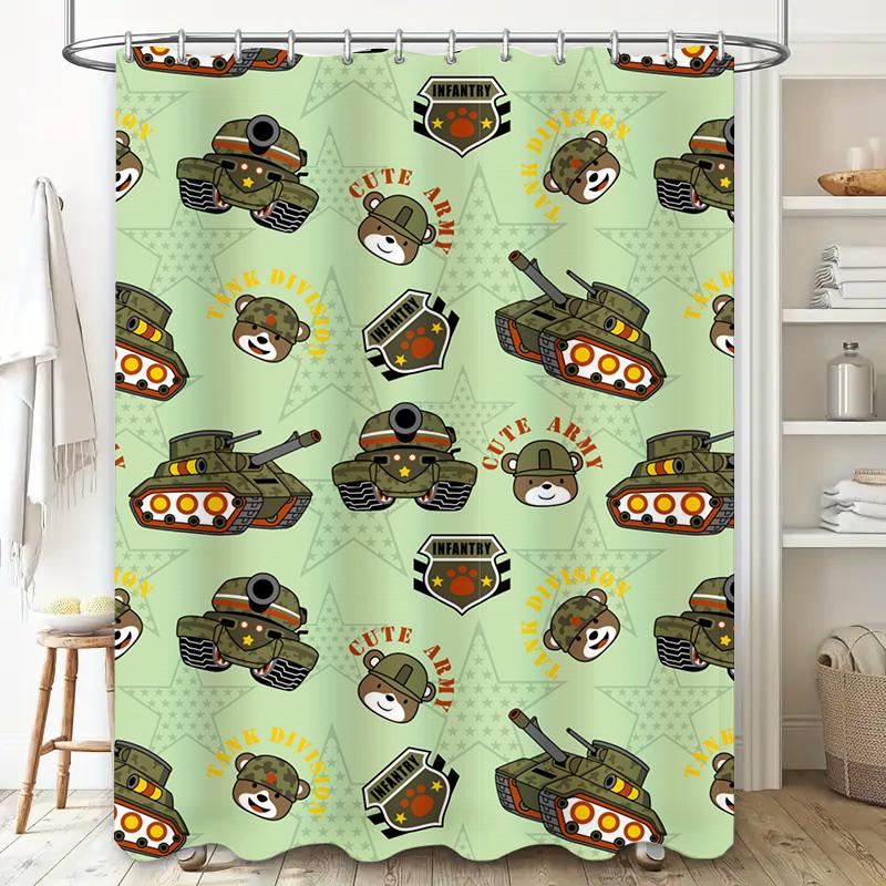 Cute Cartoon Army Pattern Shower Curtain Decor for Kids Bathroom Green Camo Design with Teddy Bear Tank Print (51x72in)