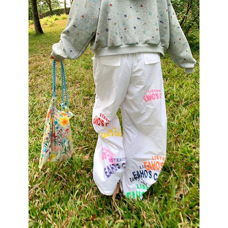 

Retro simple letter print drawstring wide-leg pants summer men s and women s loose casual paratrooper pants slim trousers 2XL белый