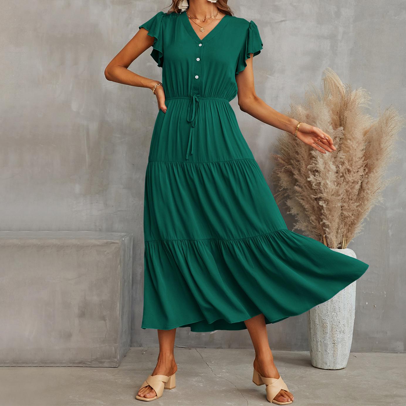 

Летнее длинное платье с рюшами и рукавами, европейское и американское женское однотонное платье с V-образным вырезом, платья для торта