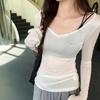 Design Sense Stripe Slim-fit Big V-neck Button Decoration Thin Long Sleeve T-shirt Women's Early Autumn New Sunscreen Cover Base Shirt