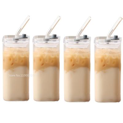 4PCS/lot Square Heat Resistant Coffee Glass Cup With Lid and Straw Transparent Milk  Juice Cup Coffee Mug For Home Bar Drinkware