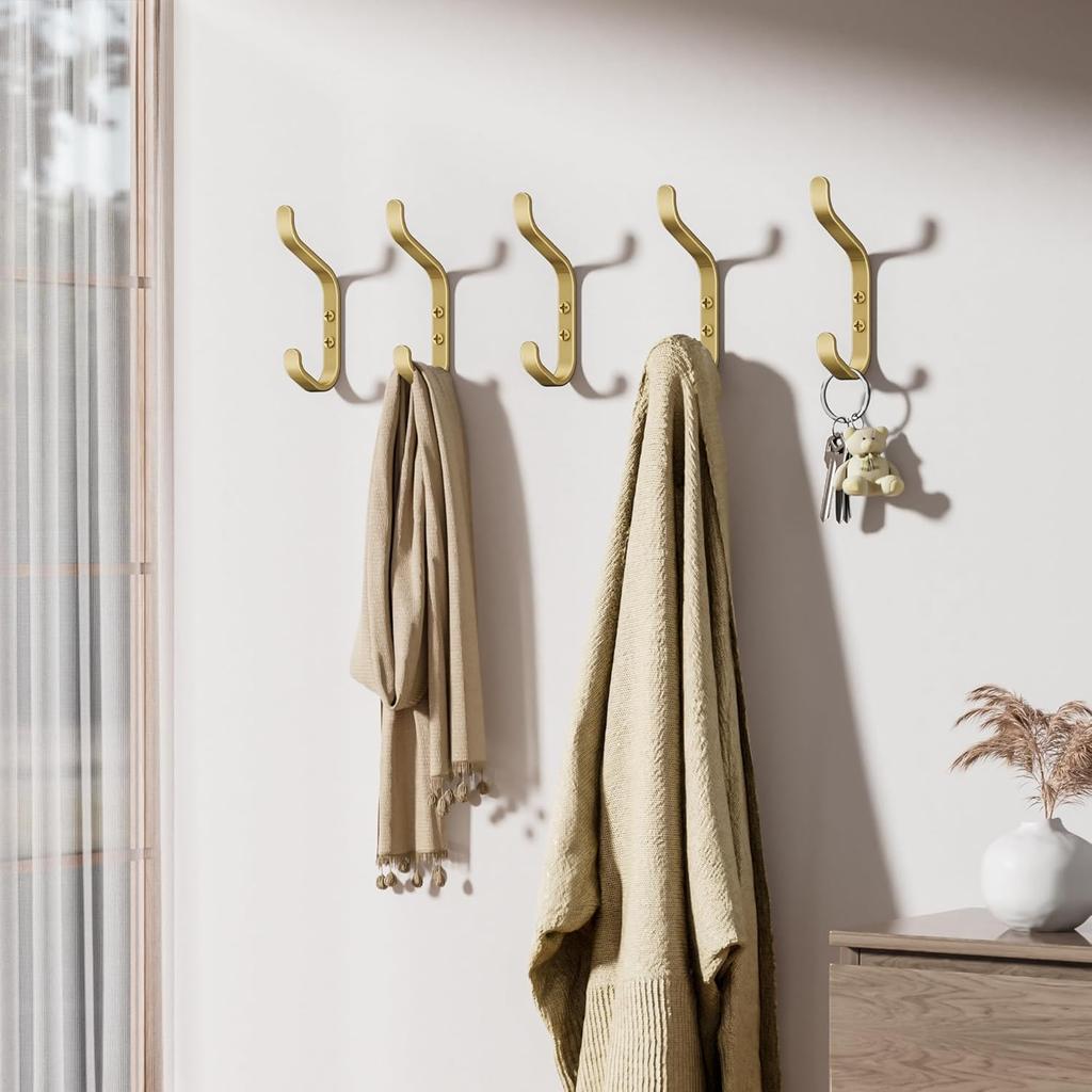 Wall Hook for Hanging Coats - Stainless Coat Hook 5 Pack Wall Mount for Backpack, Bag, Keys and Towel, Double Hook In Closet, Entryway, Door,