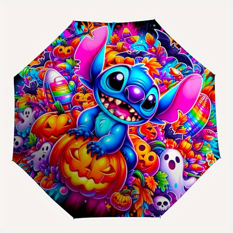 Stitch,Halloween Automatic Umbrella Tri fold Portable Umbrella, Best Holiday Gift for Men and Women, Durable Iron Frame, Playful Design, S