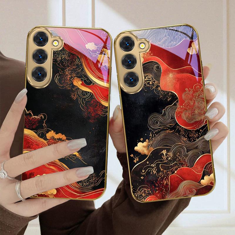 Red Vortex Pattern For Samsung Galaxy S26 S20 FE S21 Ultra S23 Plus S24 Ultra S25 S21+ S22Plus S26 S24 Golden Glass Phone Case