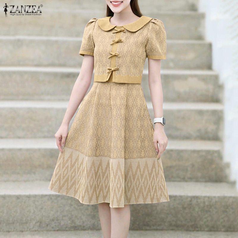 ZANZEA Women Summer Doll Collar Casual Short Sleeve Print Dress