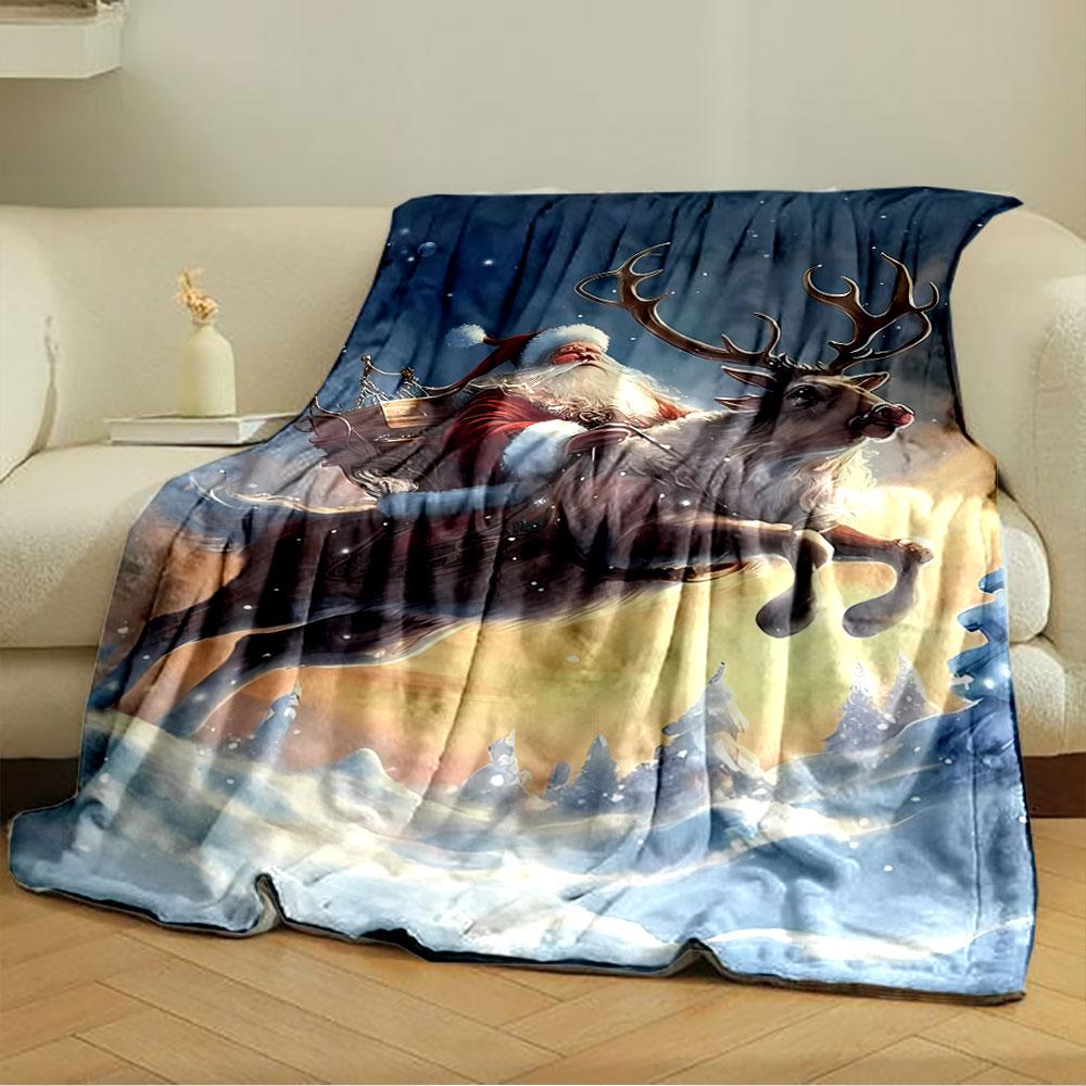 Santa riding a reindeer through a snowy landscape at sunset. for all seasons blanket lunch break throw gift