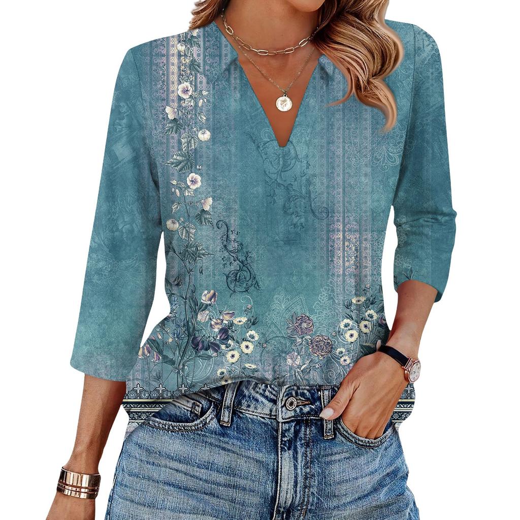 Women's Fashionable Casual Lapel T-Shirt With Retro Floral Print Seven Quarter Sleeve Top