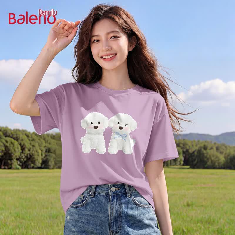 Baleno Women s Pure Cotton Short Sleeve T-Shirt with Two Dogs Graphic M
