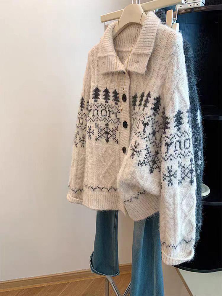 Heavyweight 100% Pure Wool High Neck Fair Isle Jacquard Cardigan Sweater - Autumn/Winter Collection