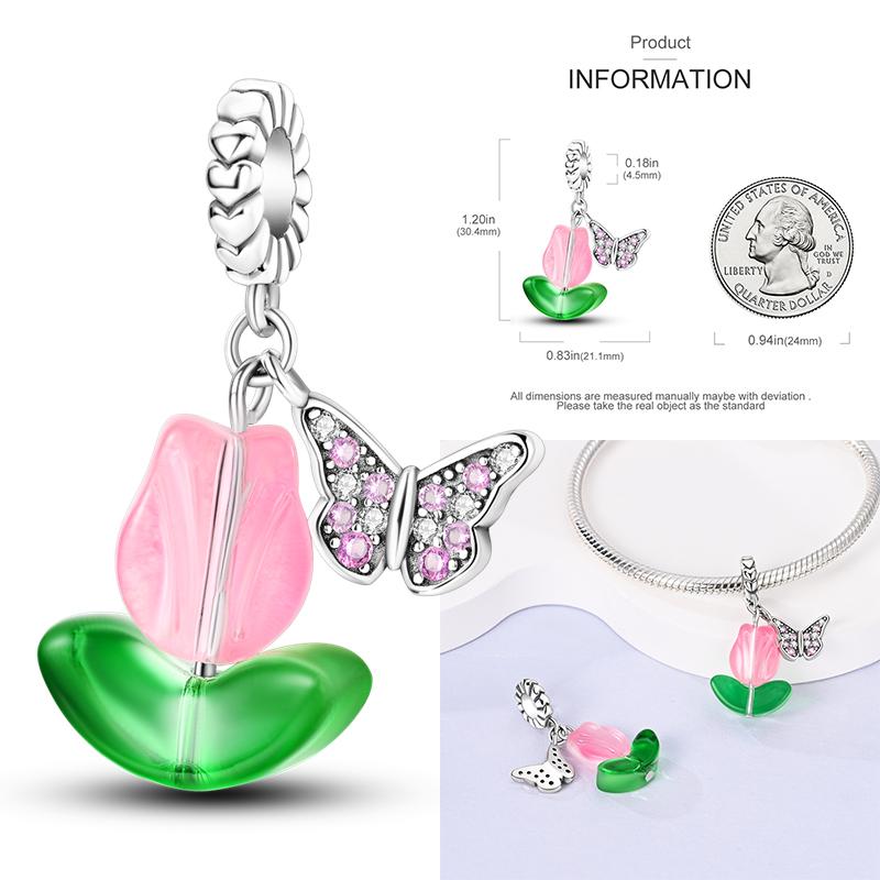 Copper Lavender Tulips Pansy Iris Charm Beads Colorful Flower Dangle Fit Original Bracelet Diy Jewelry Gift