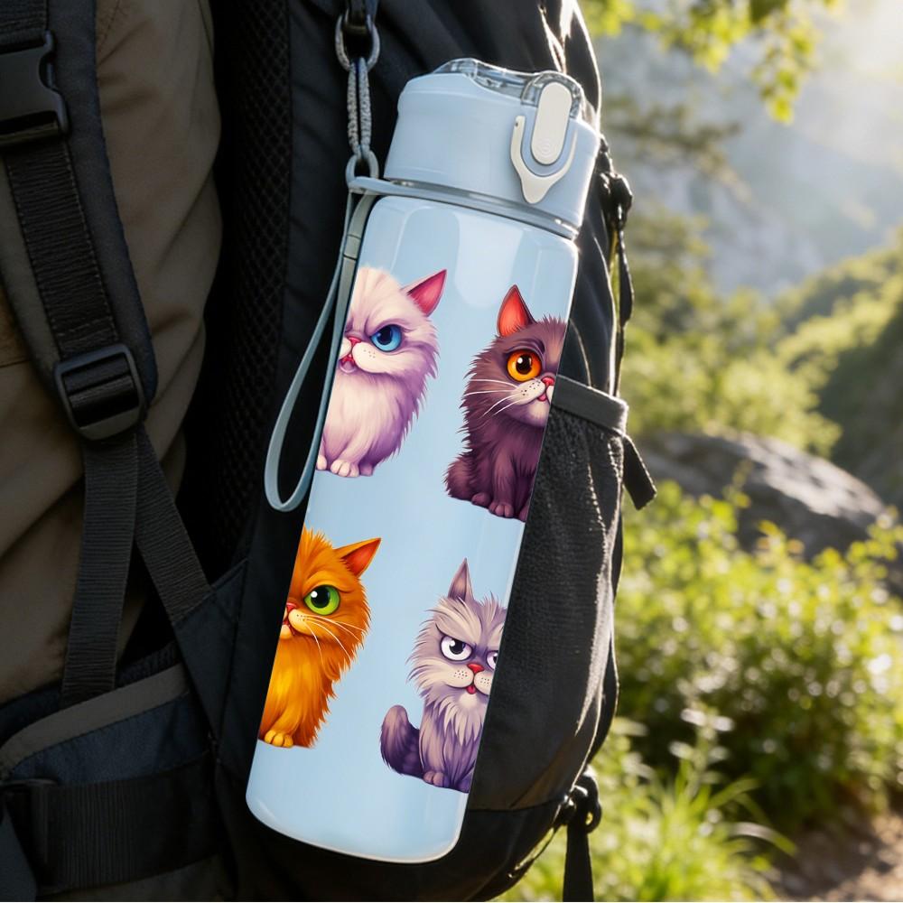 1PC Four Colorful Cat Cartoon Animal Art 750ml Color Plastic Sports Water Bottle Leakproof Flip Straw Lid Suitable for Sports Office Home Use